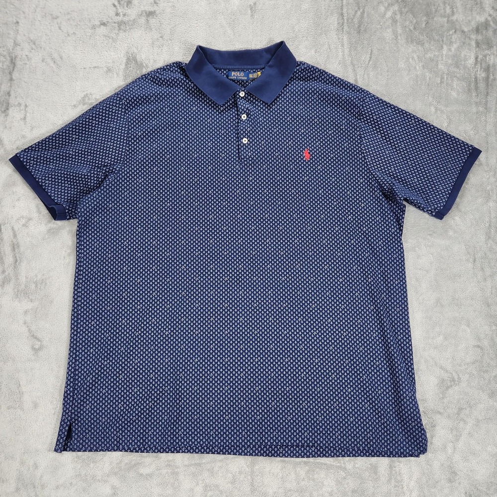 Polo Ralph Lauren Shirt Mens 3XLT Blue Anchor Print Cotton Polo Nautical‎